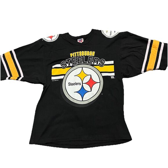 Pittsburgh Steelers NFL 1996 Big Print Striped Sleeves Jersey Style T Shirt Med - Picture 3 of 8